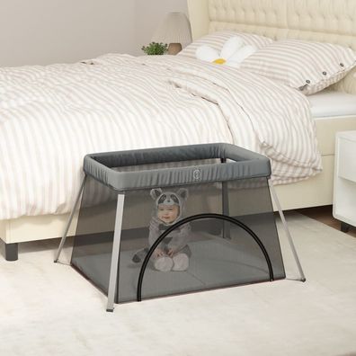 Baby-Laufstall Dunkelgrau mit Matratze Leinenstoff