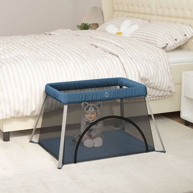 Baby-Laufstall Marineblau mit Matratze Leinenstoff
