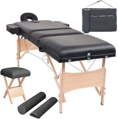 Massageliege 3-Zonen klappbar 10 cm Sitz schwarz mit Hocker