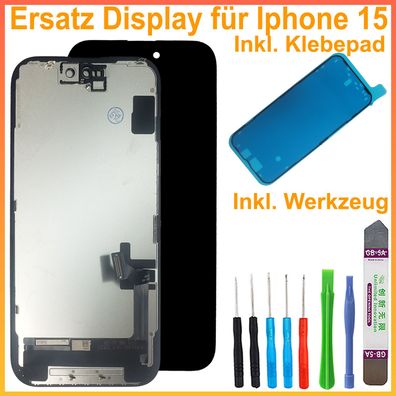 InCell Display für iPhone 15 LCD Bildschirm Schwarz Black + Klebepad + TOOL