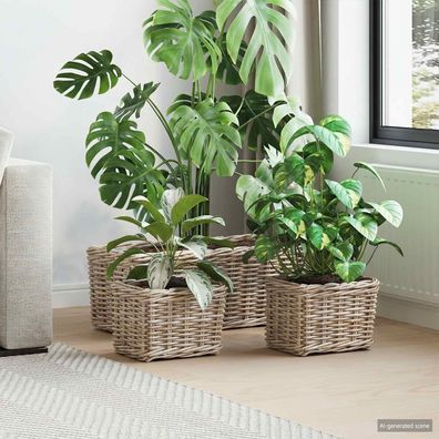 vidaXL Blumentopfkorb mit Speicher 3 Stk. Natürliches Grau Kubu Rattan