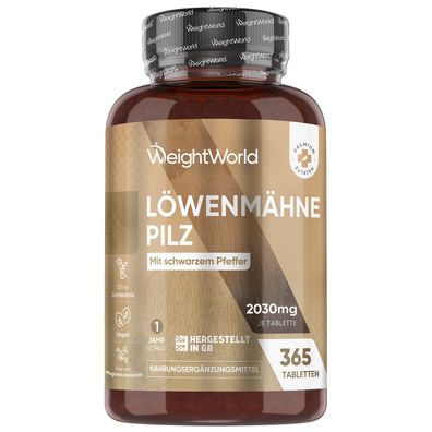WeightWorld Löwenmähne Pilz 365 Tabletten - 2030mg je Tablette - 1 Jahr Vor