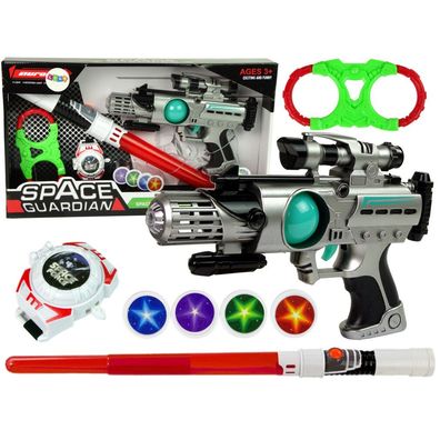 Lean Toys Space Warrior Kit Lasergewehr Lichtschwert Handschellen Scheibenwerfer