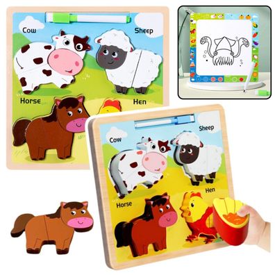 Lean 2-In-1-Holzpuzzlebrett Haustiere Stift