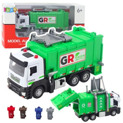 Müllwagen mit Motor, 4 Mülltonnen, Lichter, Geräusche, Grün