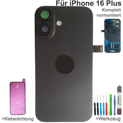 Akkudeckel für iPhone 16 Plus Schwarz Backcover Rückseite Komplett vormontiert mit Ma