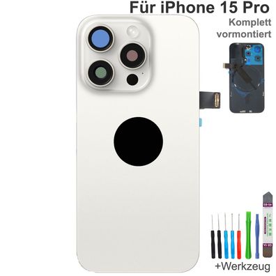 Akkudeckel für iPhone 15 Pro Weiß Backcover Rückseite Komplett vormontiert mit MagSaf