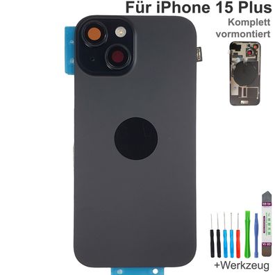 Akkudeckel für iPhone 15 Plus Schwarz Backcover Rückseite Komplett vormontiert mit Ma