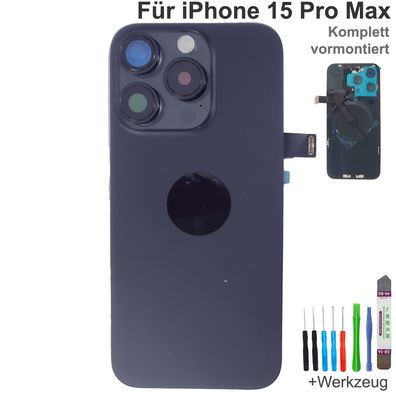 Akkudeckel für iPhone 15 Pro Max Blau Backcover Rückseite Komplett vormontiert mit Ma