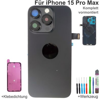 Akkudeckel für iPhone 15 Pro Max Schwarz Backcover Rückseite Komplett vormontiert mit