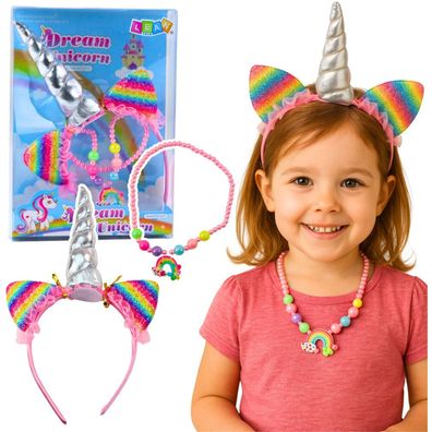 Einhorn-Set bestehend aus Haarreif, Ohren, Horn, Halskette und bunten Accessoires