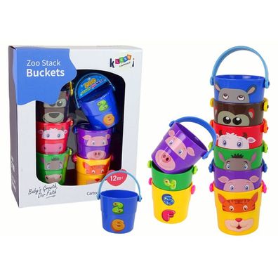 Leantoys Ein Set bunter Eimer mit Tieren - eine Pyramide