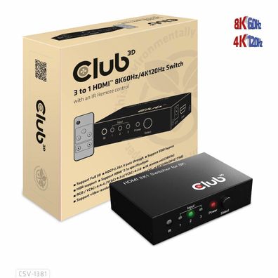 CLUB3D HDMI™ 3 auf 1 Umschalter 8K60Hz/4K120Hz Umschalter