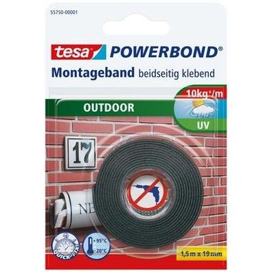 Tesa Powerbond Outdoor, Doppelseitiges Montageband Außenbereich, 1,5 m x 19 mm