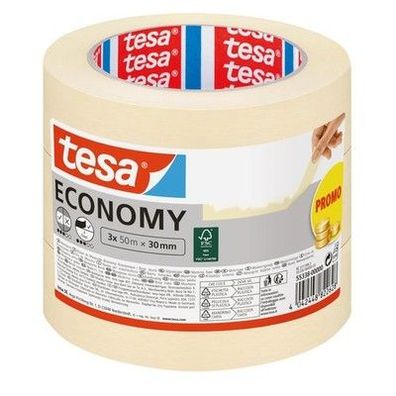 Tesa Malerband Economy Vielseitiges Klebeband für Malerarbeiten 3x 50 m x 30 mm