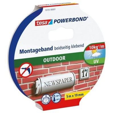 Tesa Powerbond Outdoor Doppelseitiges Montageband für Außenbereich, 5 m x 19 mm