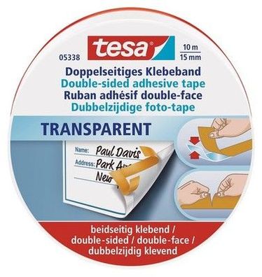 Tesa Doppelseitiges Klebeband extra dünn, stark klebend, 10m x 15mm, in Dose