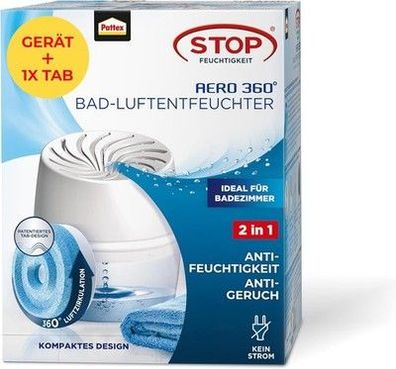 Pattex AERO 360° Luftentfeuchter für das Badezimmer, 1 Gerät + 1 Nachfüll Tab