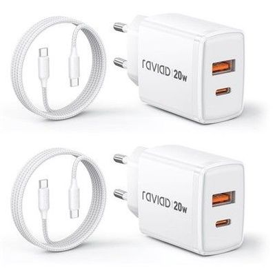 RAVIAD USB C Ladegerät 2-Pack 20W, [USB-C + USB-A] Schnellladegerät mit USB C