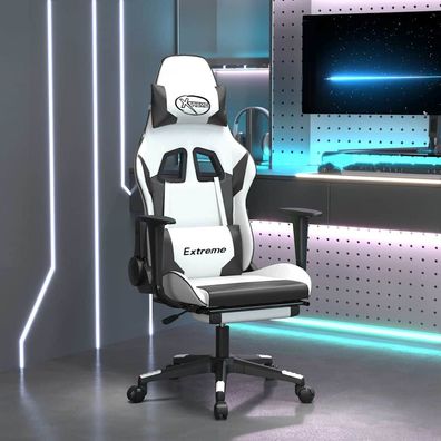 vidaXL Gaming-Stuhl mit Massage & Fußstütze Weiß & Schwarz Kunstleder