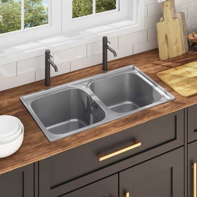 vidaXL Küchenspüle Doppelbecken mit Sieb & Siphon Edelstahl