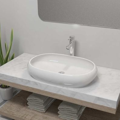 vidaXL Bad-Waschbecken mit Mischbatterie Keramik Oval Weiß