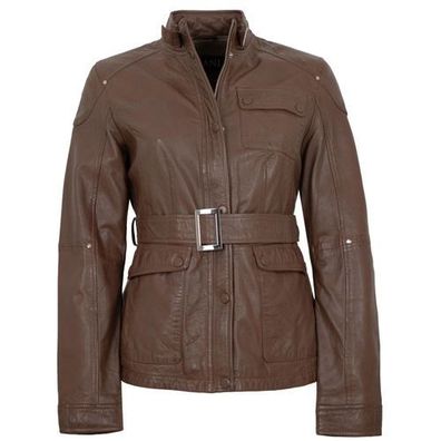 Jilani - Damen Lederjacke Gürtel Lammnappa dunkelbraun