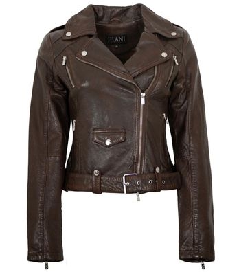 Jilani - Damen Lederjacke Bikerjacke Lammnappa braun antik