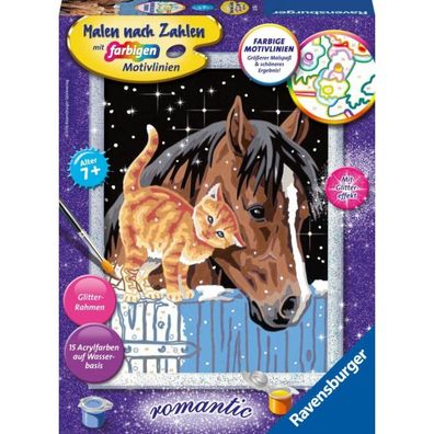 Spiel Malen nach Zahlen mit farbigen Motivlinien Fohlen mit Kätzchen
