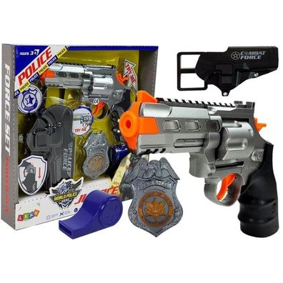Polizei-Set, Revolver, 20 cm, Abzeichen, Holster, Pfeife, Sound, Lichteffekte
