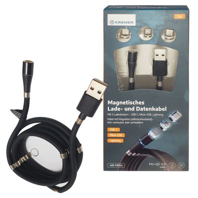 3 in 1 Magnetisches USB Lade Datenkabel 1m USB-C, Micro-USB und Lightning