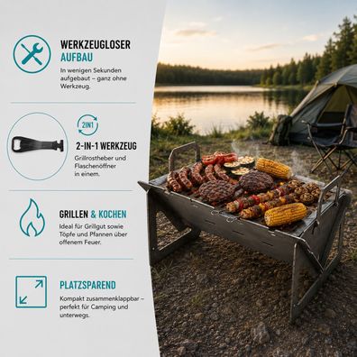 QLS Klappgrill aus Rohstahl klappbar für Camping Grillen und Outdoor 11491