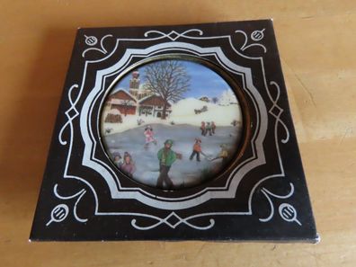 Untersetzer goldfarben aufgeklebtes Kunststoffbild Schneelandschaft ca.10,5 cm Ø