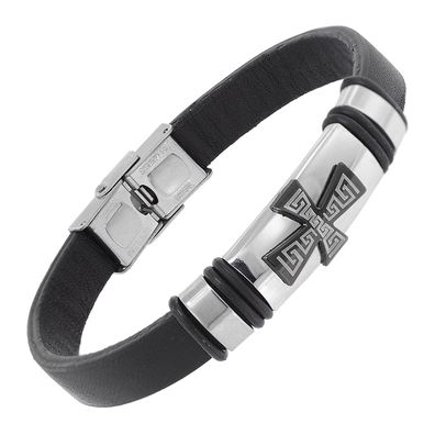 trendor Schmuck Herren Leder-Armband Schwarz mit Kreuz 75801