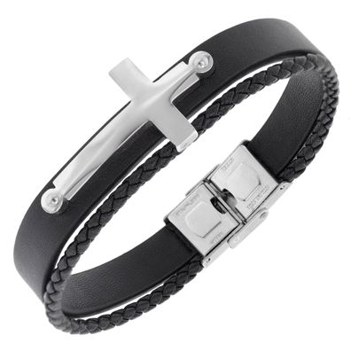 trendor Schmuck Herren-Armband Leder Schwarz Stahl Kreuz 75875
