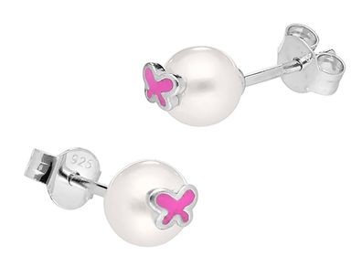 trendor Schmuck Kinder Perlen-Ohrringe 925 Silber Ohrstecker Schmetterling 41599