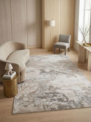 Kurzflor-Teppich Sarntal Wolkenmuster Metallic-Optik Cremeweiß Grau Wohnzimmer