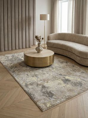 Kurzflor-Teppich Sarntal Galaxie-Design Metallic-Optik Gold Beige Grau Wohnzimmer