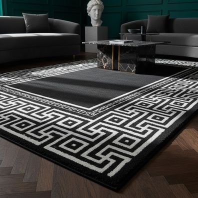 Kurzflorteppich Mäander Ornament Waschbar Robust Schwarz - DRAU