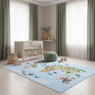Kinderteppich Weltkarte mit Tieren Rutschfest Lernspaß - TRAUN