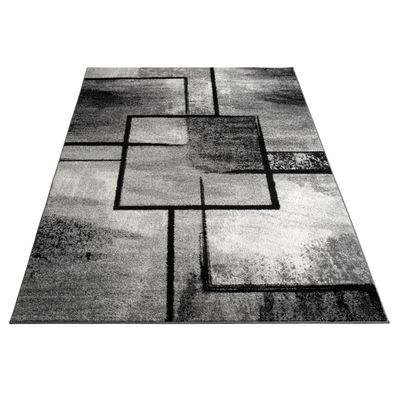 Kurzflorteppich Geometrisches Quadratmuster Wohnzimmer pflegeleicht Dunkelgrau