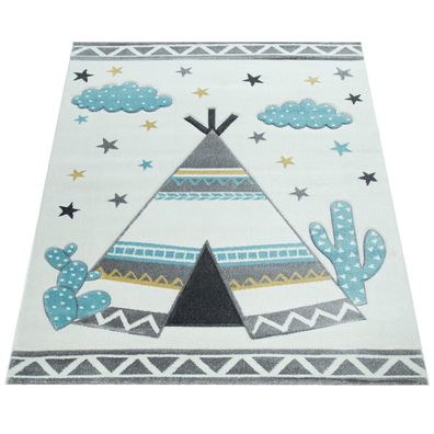 Kinderteppich Tipi-Muster Kurzflor Spielteppich Kinderzimmer schmutzabweisend Creme