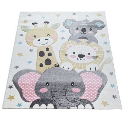 Kinderteppich Tierstapel Kurzflor Spielteppich Kinderzimmer schmutzabweisend Creme