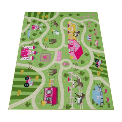 Kinderteppich Bauernhof Straßen Spielteppich Kinderzimmer waschmaschinenwaschbar Grün