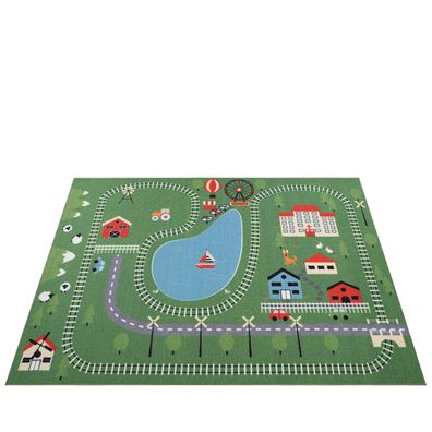 Kinderteppich Freizeitpark Straßen Muster Spielteppich Kinderzimmer waschbar Grün