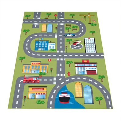 Kinderteppich Stadtverkehr Flachgewebe robust Kinderzimmer Spielteppich Grün