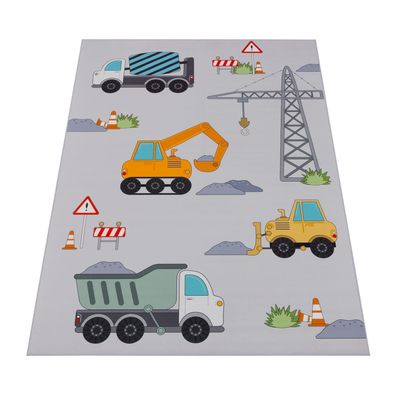 Kinderteppich Baustellenfahrzeuge Muster Bagger Spielteppich Kinderzimmer Grau