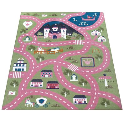 Kinderteppich Märchenstraßen-Muster Kinderzimmer waschbar schmutzabweisend Pink
