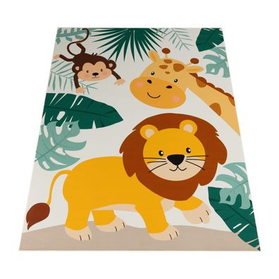 Kinderteppich Dschungeltiere Muster Spielteppich Kinderzimmer waschbar robust Beige