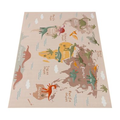 Kinderteppich Dinosaurier Weltkarten Muster Spielteppich Kinderzimmer waschbar Beige